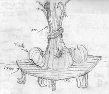 harvest bench with pumpkins and crows